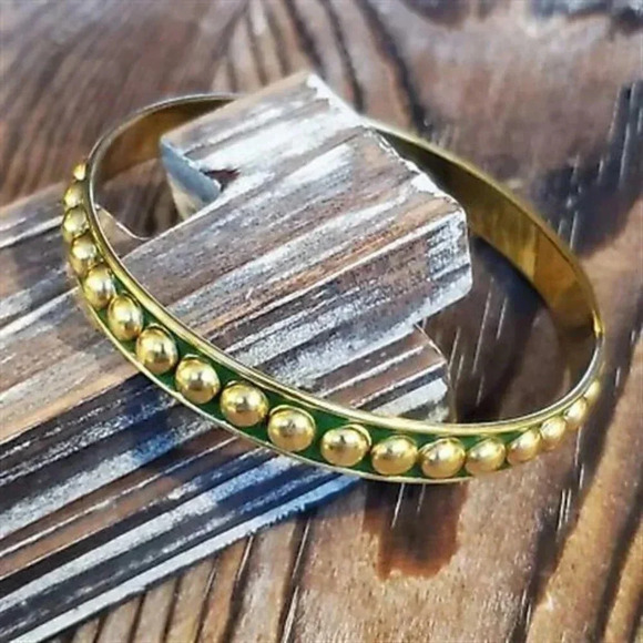 Handcrafted India Raw Brass Dotted Enamel Bracelet - Picture 2 of 5